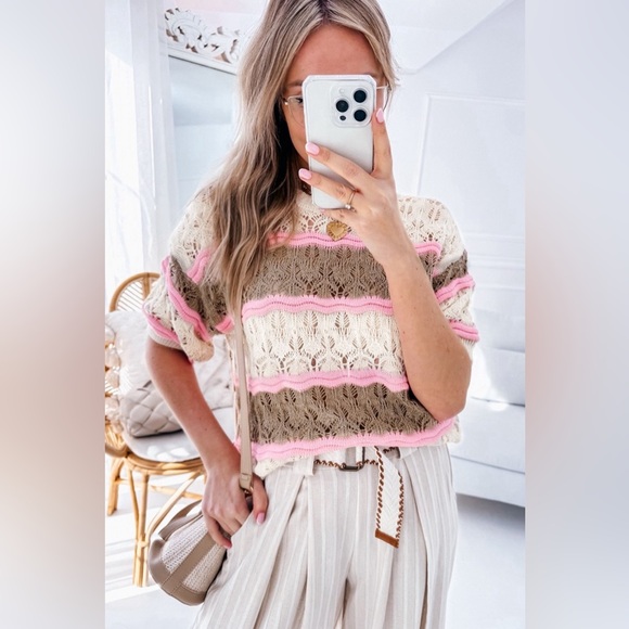 Brown Stripe Color Block Hollow Out Crochet Half Sleeve Sweater Bohemian Blouse - Picture 1 of 11